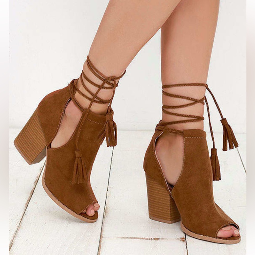 Rust brown suede open toe booties with lace up straps